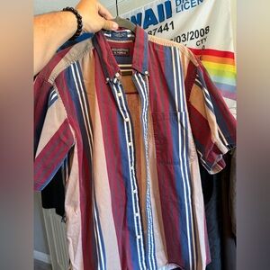 Vintage Men's Striped Western Work Shirt button up Red, Blue & Tan Cotton Cowboy